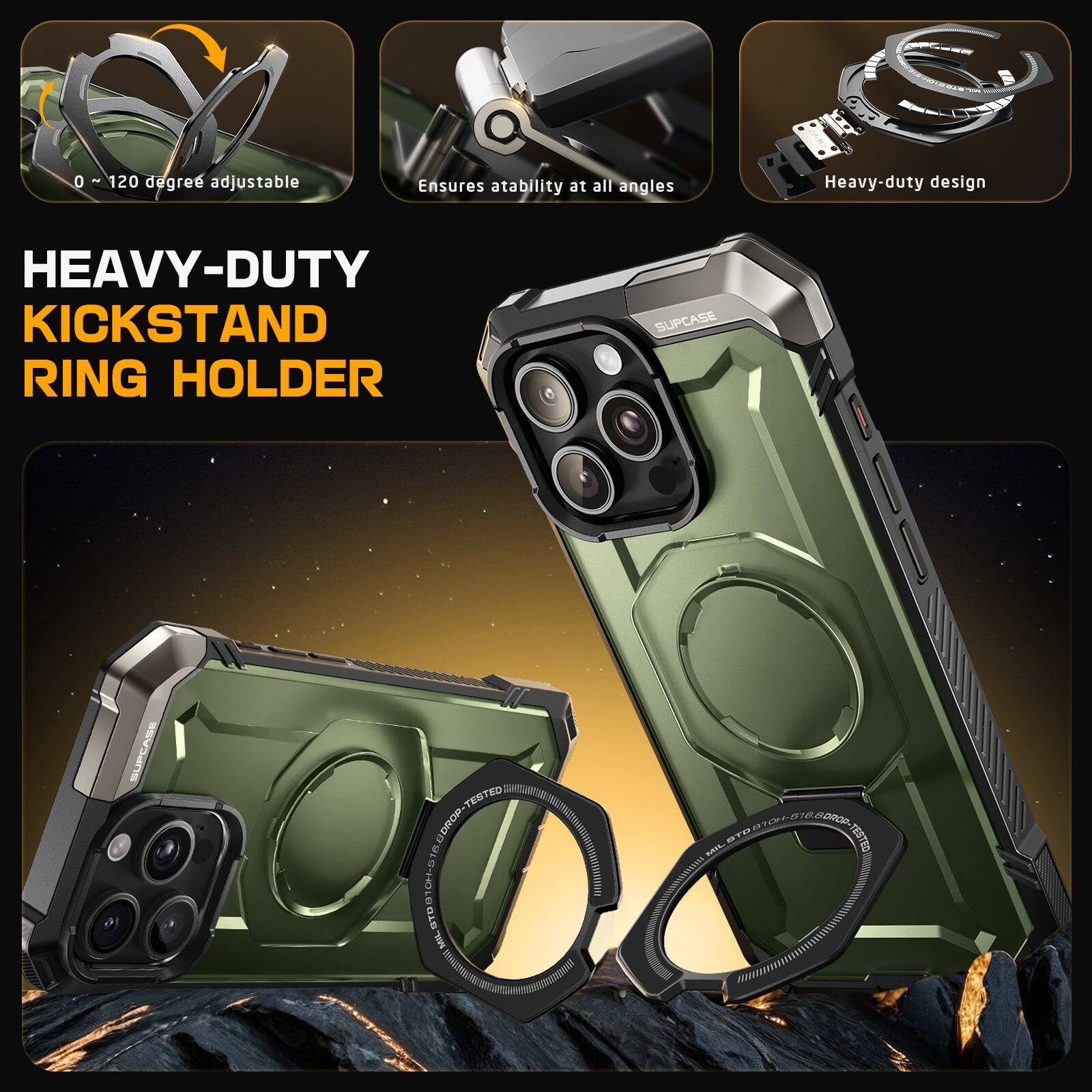 0° - 120° degree adjustable, Ensures stability at all angles, Heavy-duty design, HEAVY-DUTY KICKSTAND RING HOLDER, SUPCASE TESTED, BTD MIL BTE00000