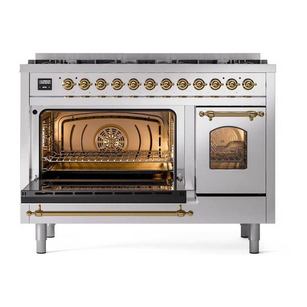 Alt View 4. ILVE - ILVE Nostalgie II 48 inch Dual Fuel Range with 8 Black Brass Sealed Burners (Limited Edition) (Stainless Steel, Brass) - Stainless Steel.