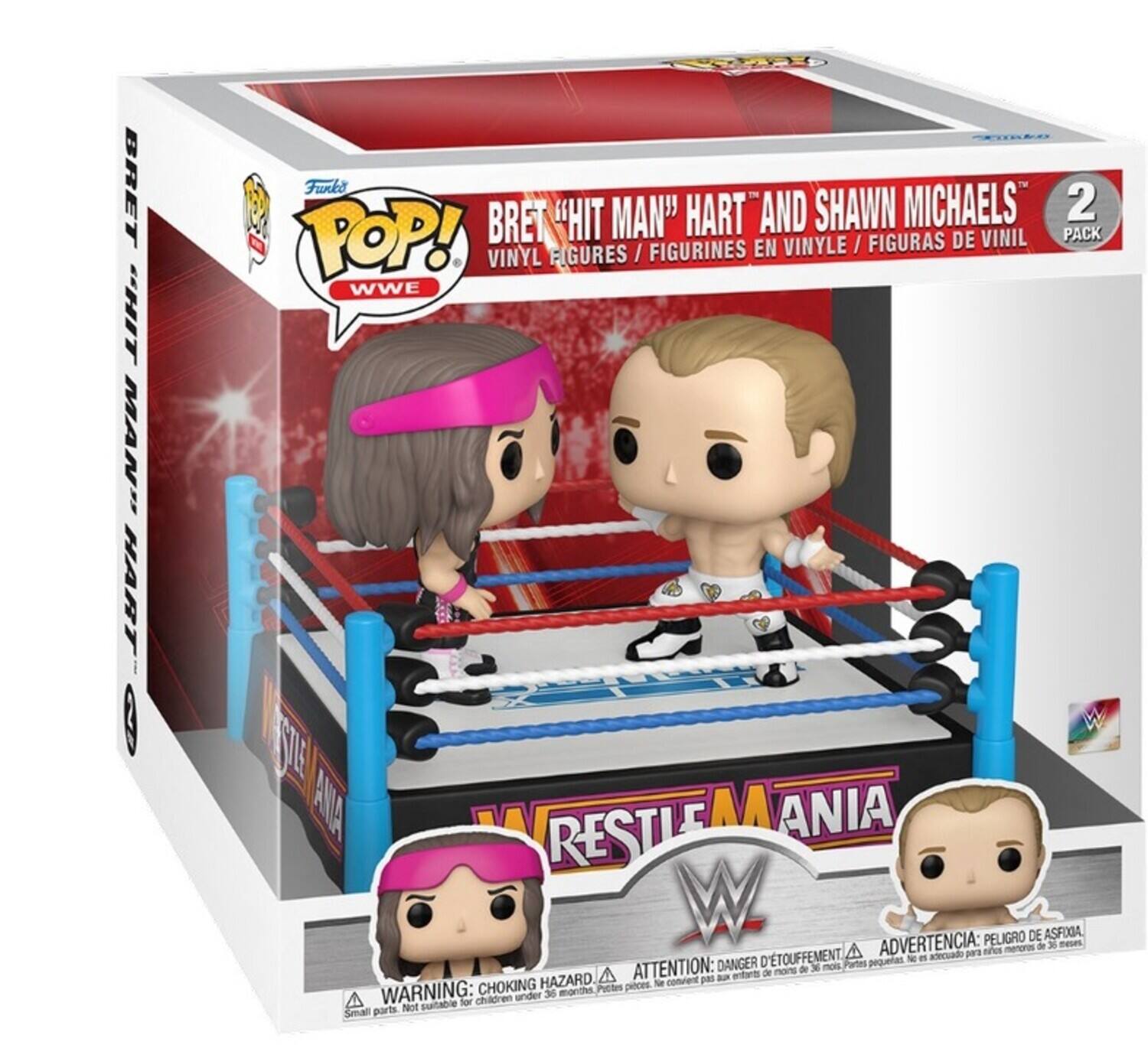 BRET "HIT MAN" HART AND SHAWN MICHAELS 2 POP! VINYL FIGURES / FIGURINES EN VINYLE / FIGURAS DE VINIL WWE W SUE ANA RESTLEMANIA RESTLE ANIA W ADVERTENCIA: PELIGRO DE ASFOGA. merorn de meoe A para aae D'TOUFFEMENT - - acecuado ATTENTION: DANGER 3 mois Partes pequeas A de nors de pas a Wnfre CHOKING HAZARD. Puttten picec Tr convrent WARNING: CHOKING HAZARD. Small parts not suitable for children under 36 months