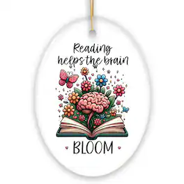 OrnamentallyYou - Reading Helps the Brain Bloom Unique Handcrafted Ornament Booklover with Flowers and Butterflies - Multi-colored