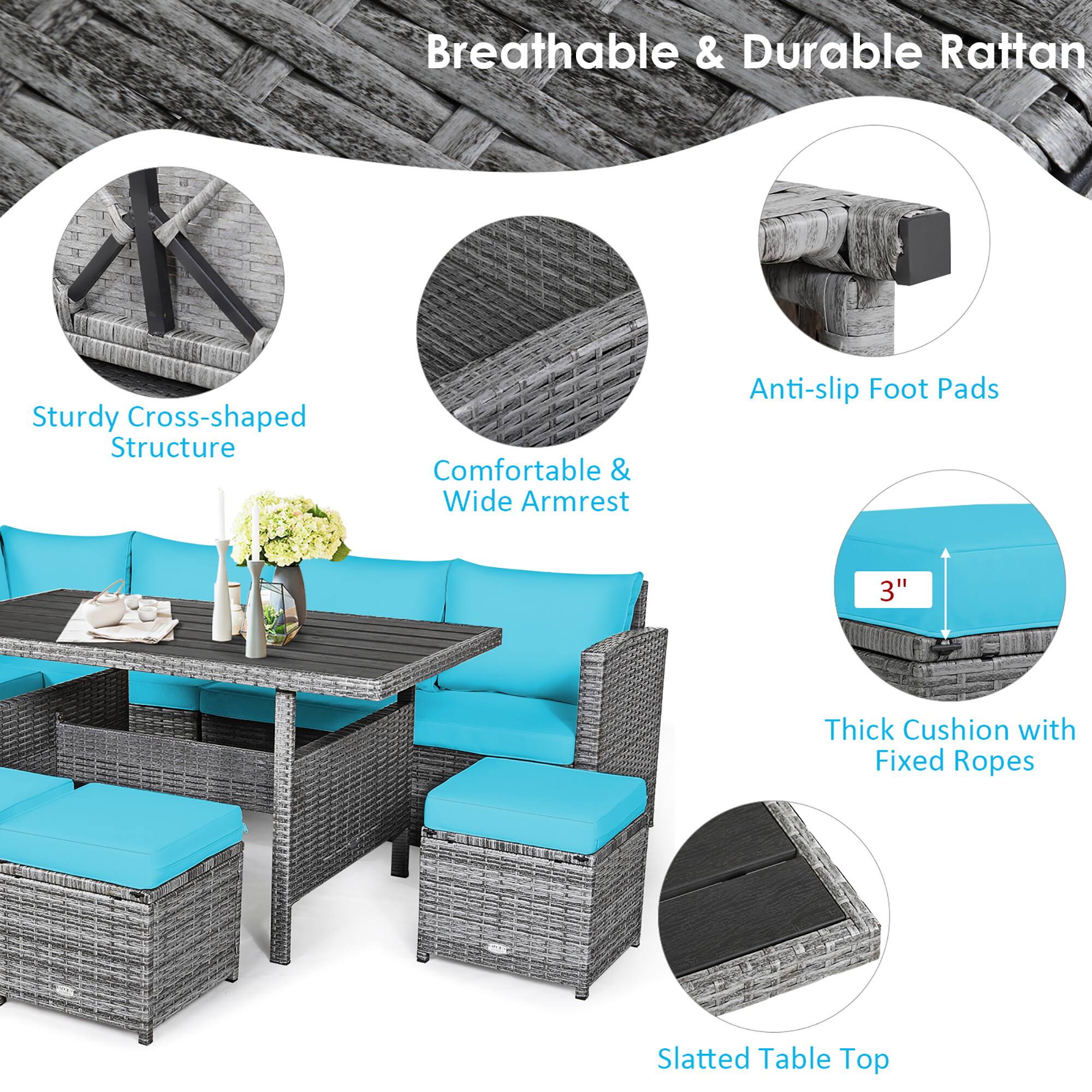 Breathable & Durable Rattan: Sturdy Cross-shaped Structure, Comfortable & Wide Armrest, Anti-slip Foot Pads, 3" Thick Cushion with Fixed Ropes, Slatted Table Top.