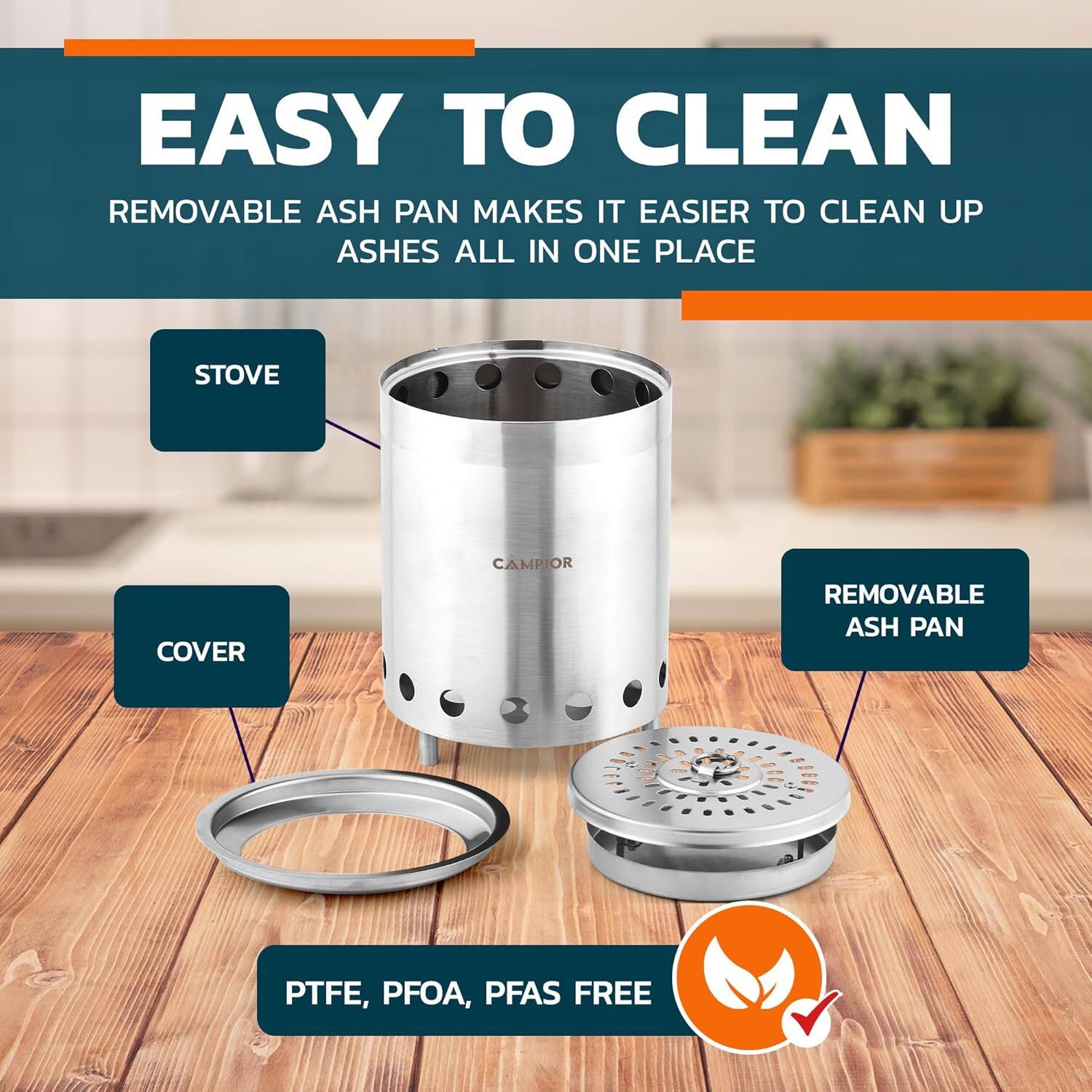 EASY TO CLEAN, REMOVABLE ASH PAN MAKES IT EASIER TO CLEAN UP ASHES ALL IN ONE PLACE, STOVE, COVER, REMOVABLE ASH PAN, PTFE, PFOA, PFAS FREE
