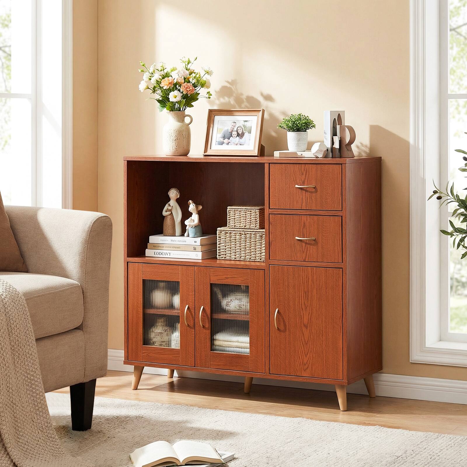 Alt View 1. Gymax - Gymax 36'' Sideboard Buffet Cabinet w/Open Compartment 2 Drawers & 3 Doors for Kitchen Brown - Brown.