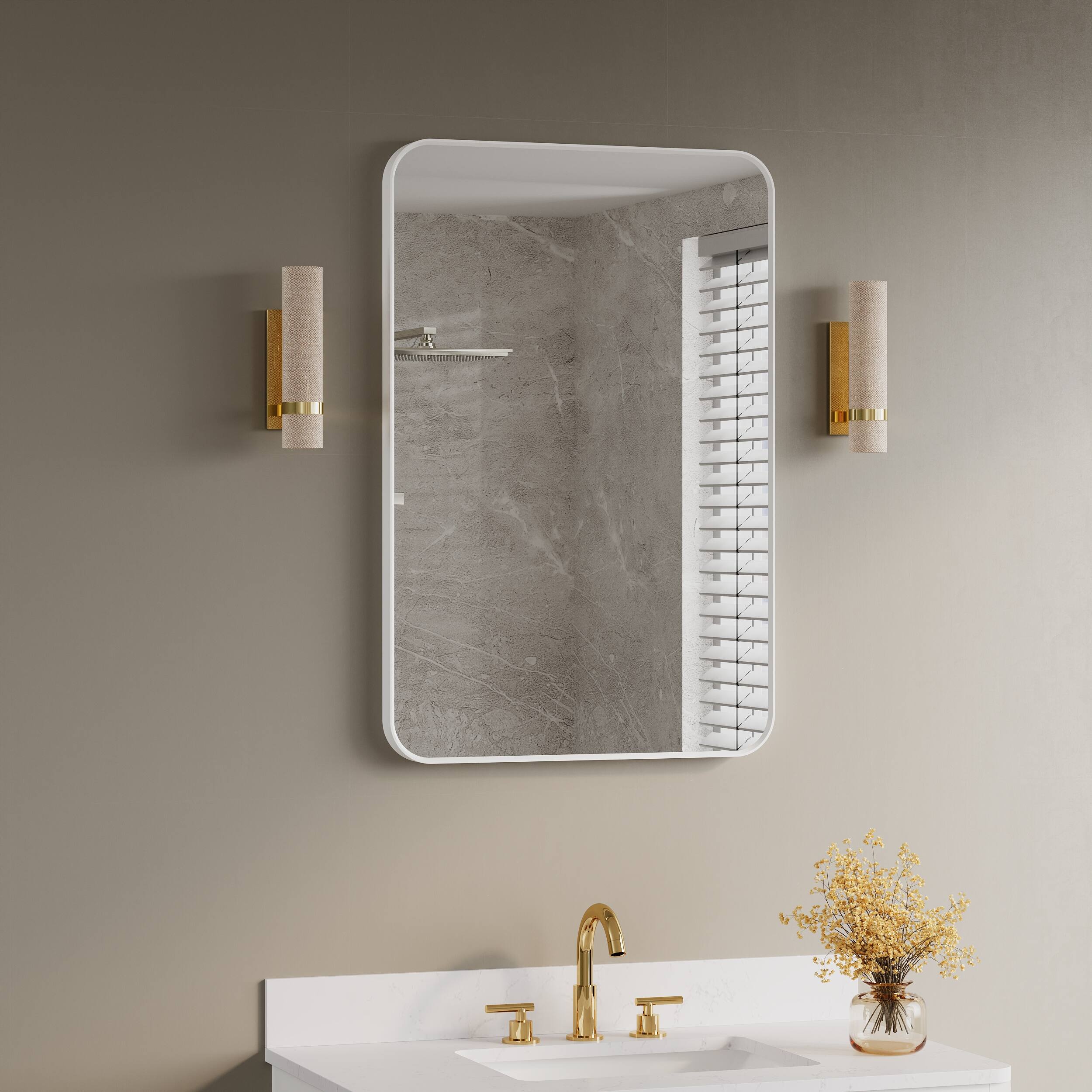 Left. WELLFOR - 24 in. W. x 36 in. H Rectangular Aluminum Framed Wall-Mounted Bathroom Vanity Mirror - White.