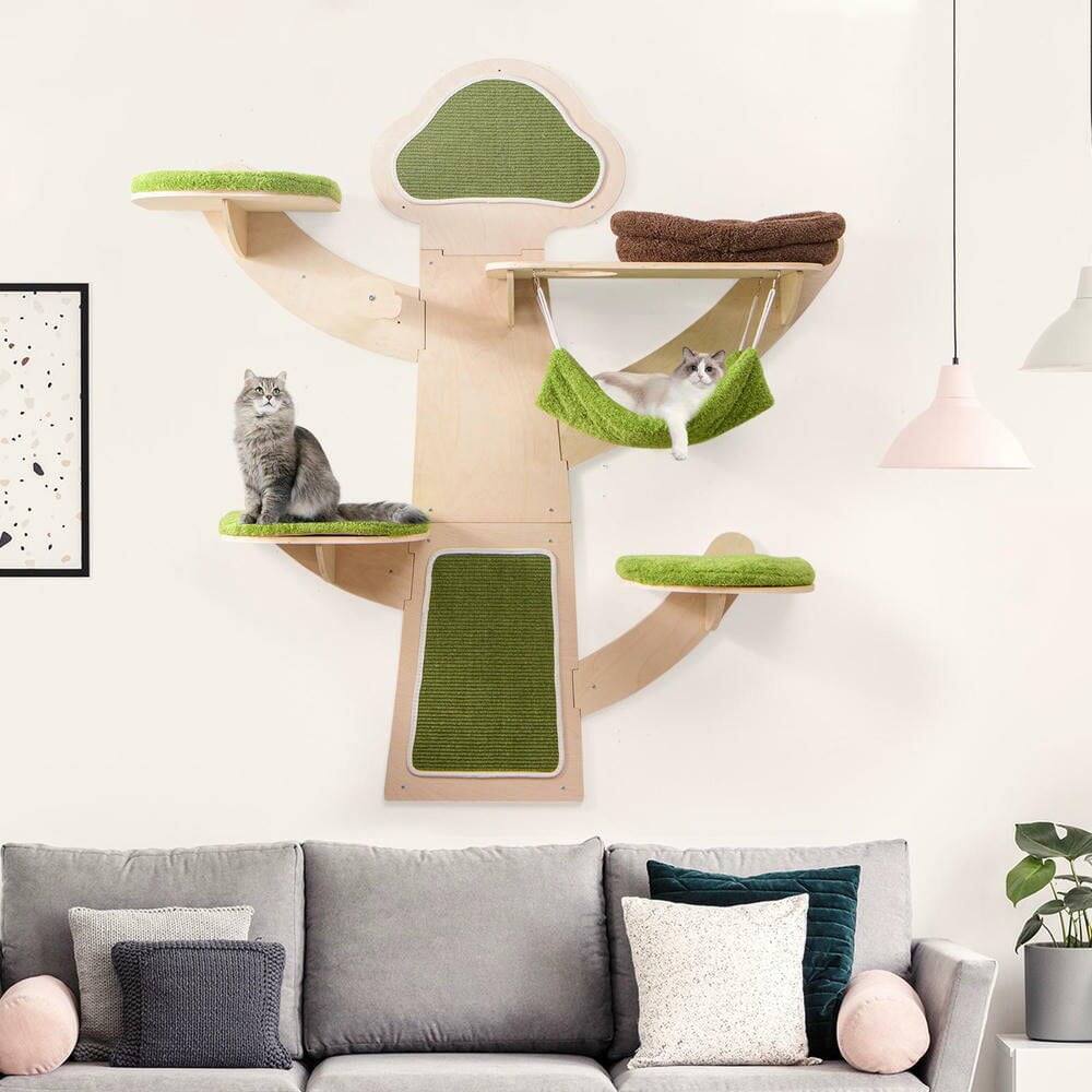 Left. Kadyn - Wall-Mounted Cat Shelves with Plush Bed Furniture Set, Green - Green.