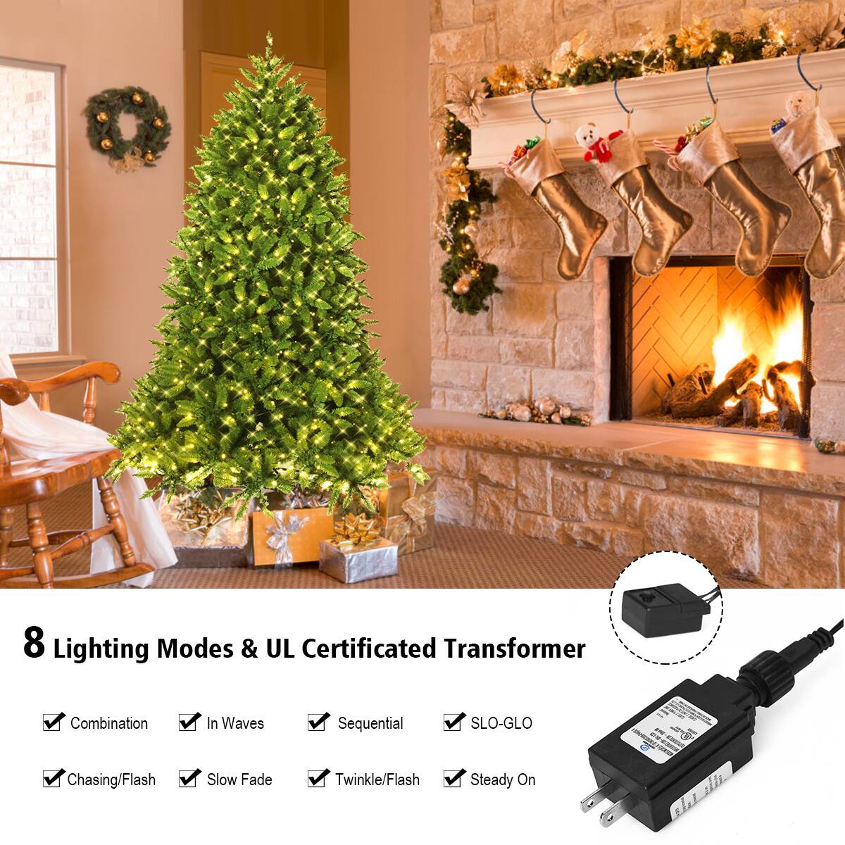 The text on the image reads: "8 Lighting Modes & UL Certificated Transformer Combination In Waves Sequential SLO-GLO - Chasing/Flash Slow Fade Twinkle/Flash Steady On - 1." This text describes the features of a Christmas tree lighting system, which includes eight different lighting modes, a UL-certified transformer, and a combination of waves, sequential, SLO-GLO, chasing, flash, slow fade, twinkle, and steady on options.