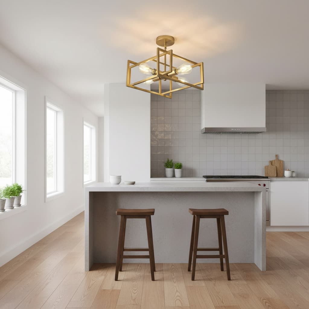 Alt View 3. FINEAK - 12.2in 4-Light Farmhouse Gold Flush Mount Ceiling Light.