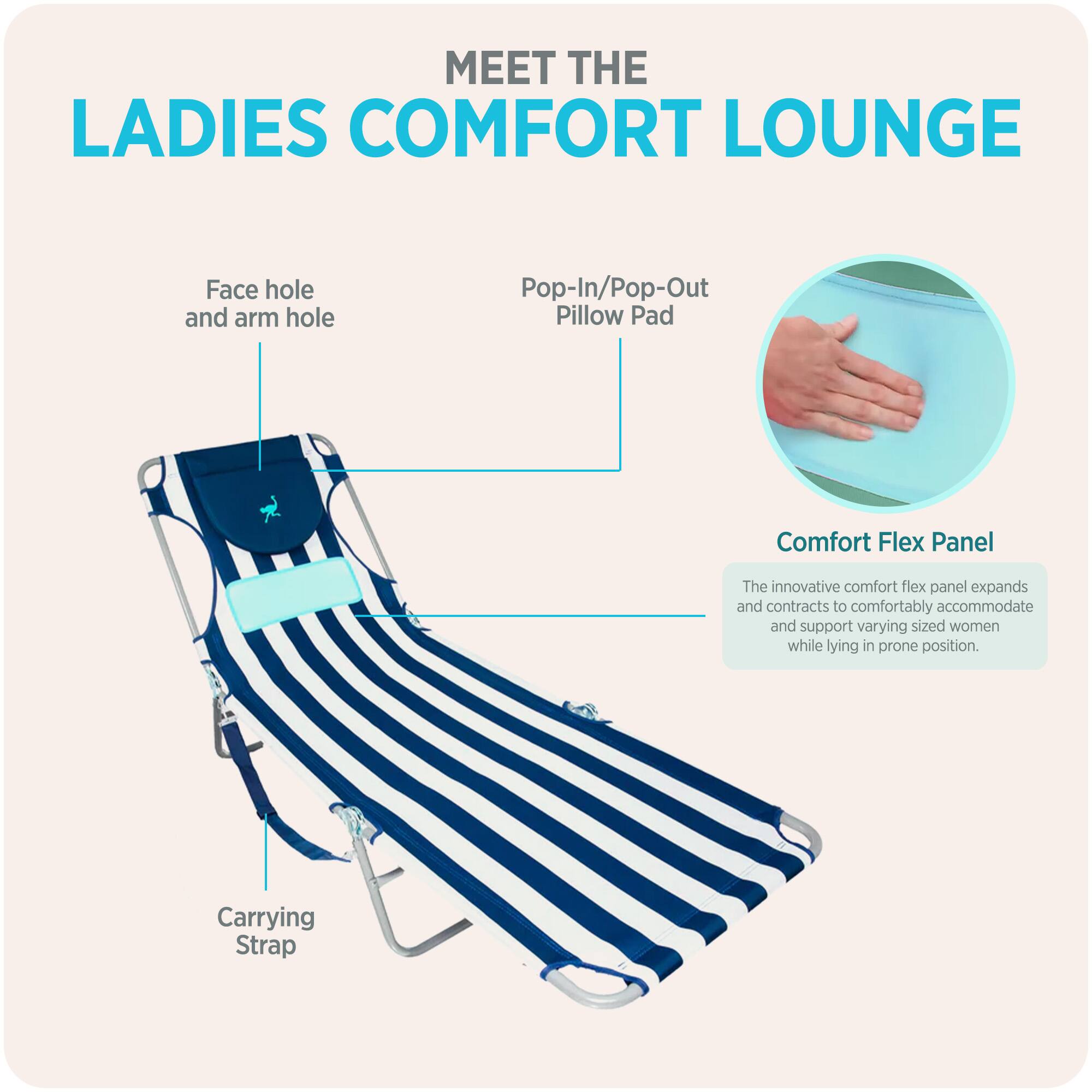 MEET THE LADIES COMFORT LOUNGE

- Face hole and arm hole
- Pop-In/Pop-Out Pillow Pad
- Comfort Flex Panel
  - The innovative comfort flex panel expands and contracts to comfortably accommodate and support varying sized women while lying in prone position.
- Carrying Strap