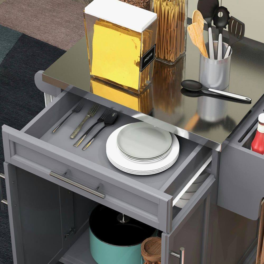 Left. Kadyn - Kitchen Island on Wheels, Rolling Kitchen Cart with Stainless Steel Countertop, Drawer, Towel Rack and Spice Rack, Gray - Gray.