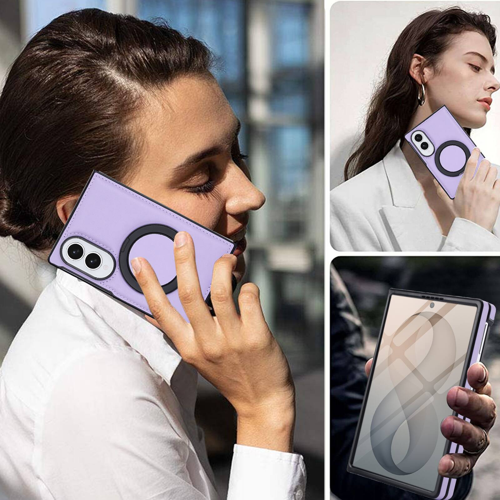 Alt View 4. Dteck - Shockproof Case for Samsung Galaxy Z Fold8 with Stand, Magnetic Leather Texture Rigid Plastic Cover Built in Screen Film - Lightpurple.