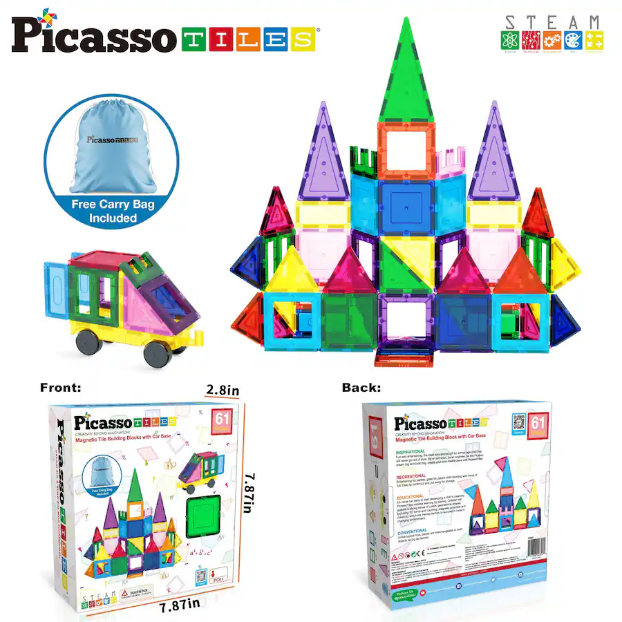 PicassoTiles PICASSO TILES Magnetic Tiles For Kids with Tote Bag, 61PCS ...