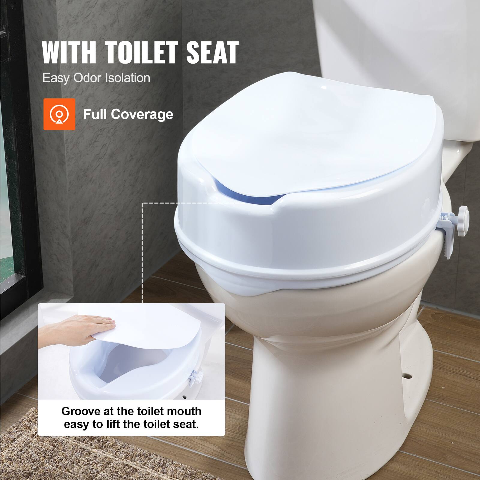 WITH TOILET SEAT
Easy Odor Isolation
Full Coverage
Groove at the toilet mouth easy to lift the toilet seat.