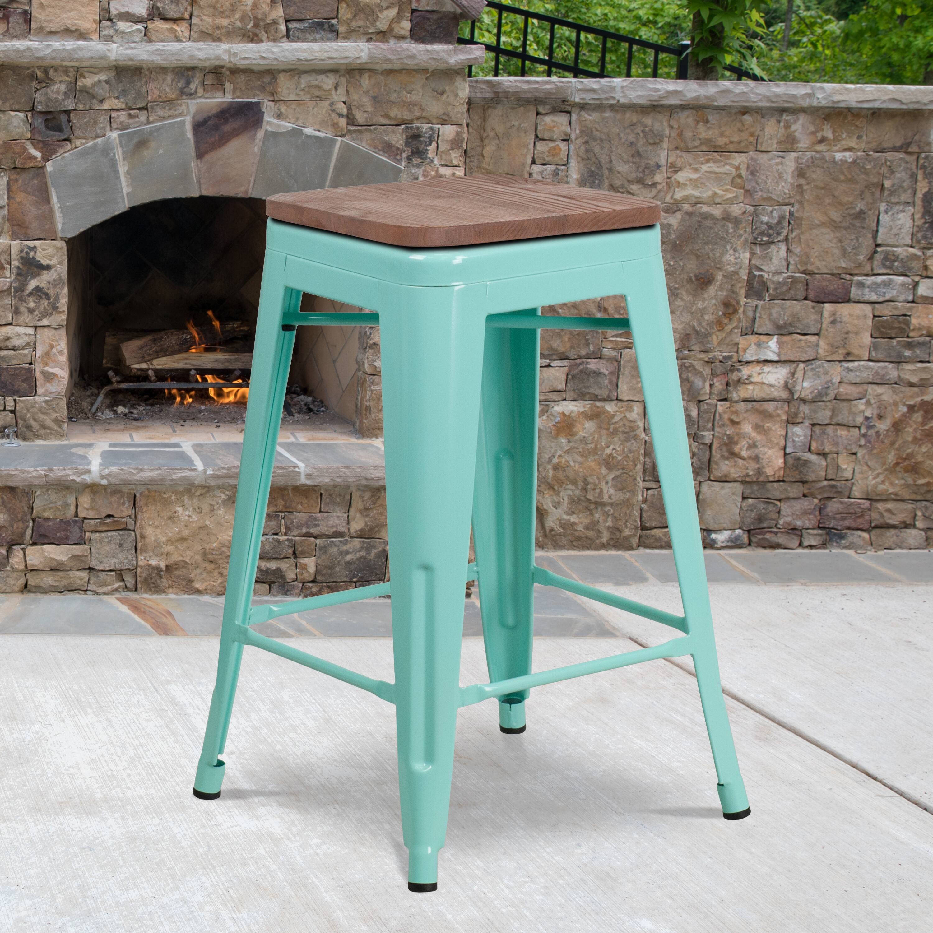 Emma + Oliver - 24"H Backless Counter Height Stool with Wood Seat - Mint Green