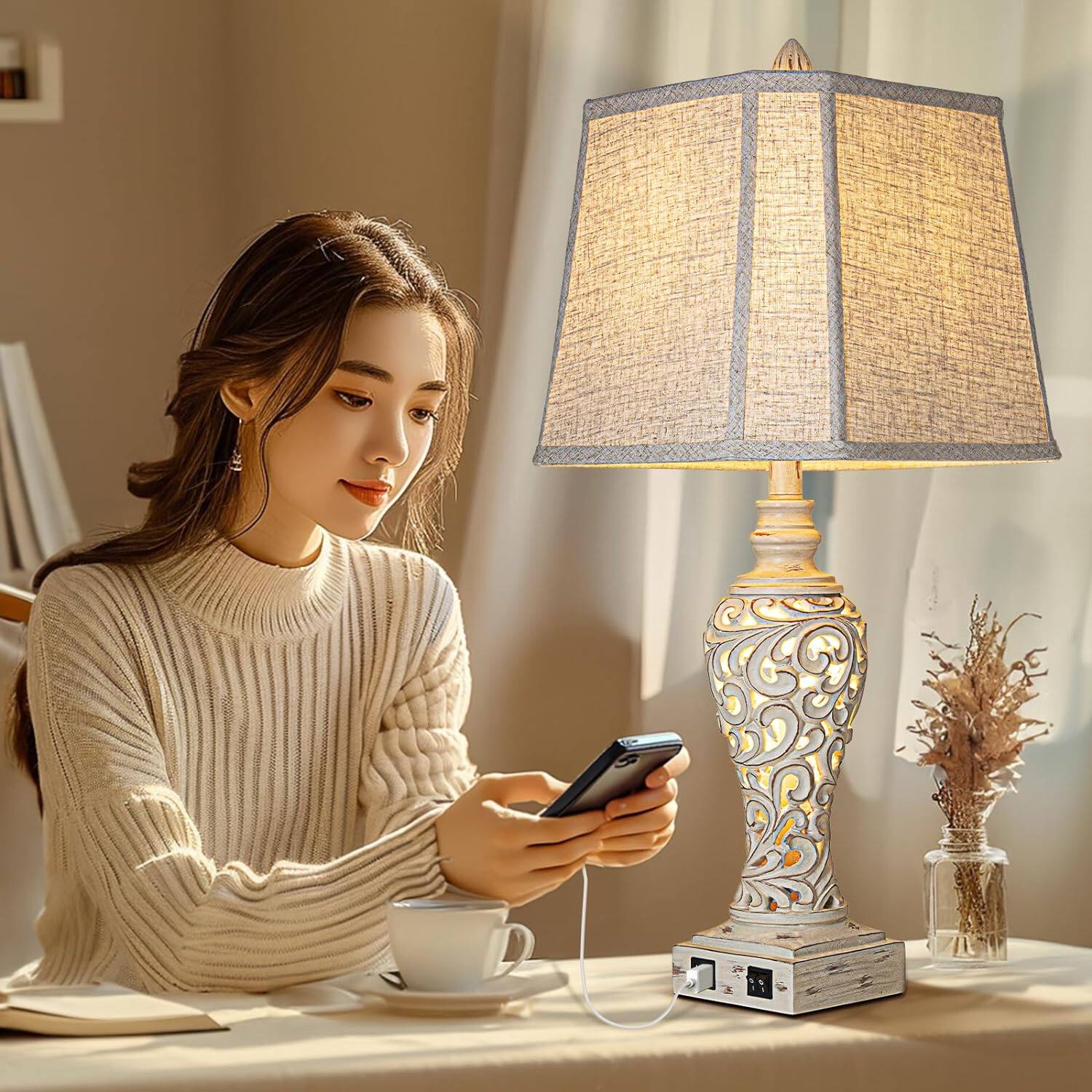 Alt View 2. Cozy Serene - Lamp Night Light USB LED Fabric Table Lamps Bedside with Shades Bedroom Living Nightlight Perfect Nightstands - Silver-Set of 2-27 inch.