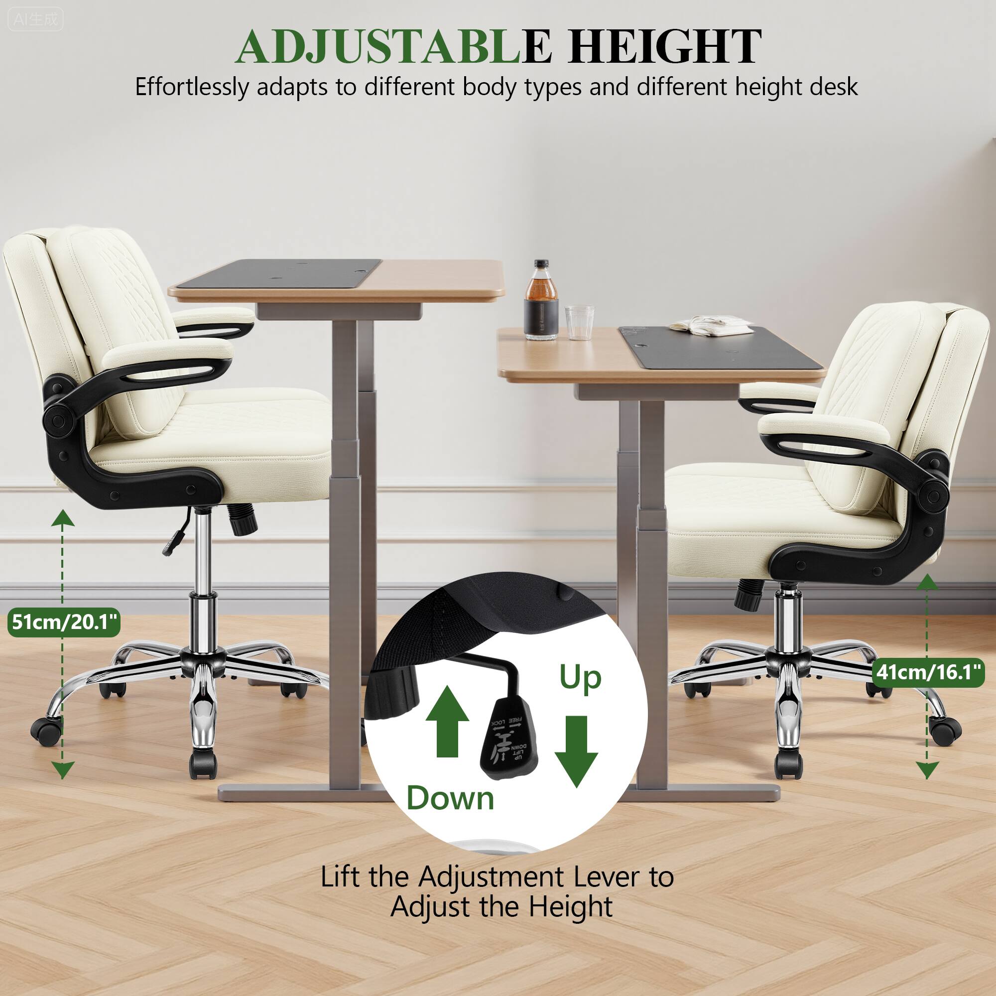 ADJUSTABLE HEIGHT  
Effortlessly adapts to different body types and different height desk  

51cm/20.1" Up  
41cm/16.1" Down  

Lift the Adjustment Lever to Adjust the Height