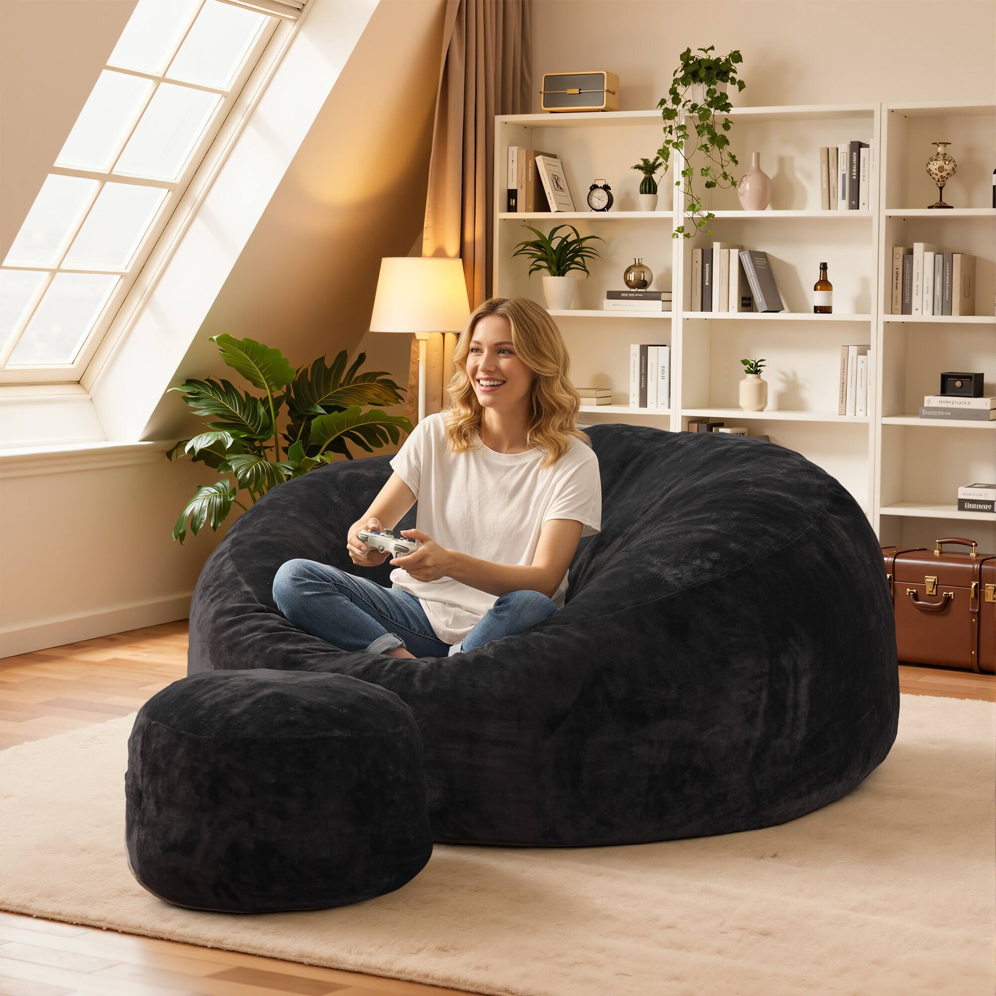 Alt View 2. Ovios - 59" Big Bean Bag Chair with Removable Cover & Ottoman for Living Room Bedroom - Black(Velvet).