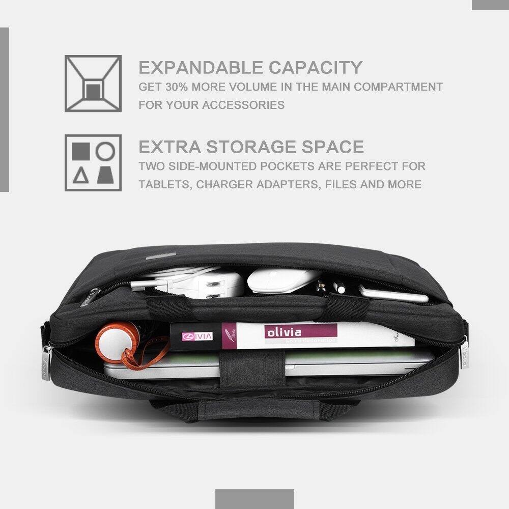 EXPANDABLE CAPACITY  
GET 30% MORE VOLUME IN THE MAIN COMPARTMENT FOR YOUR ACCESSORIES  

EXTRA STORAGE SPACE  
TWO SIDE-MOUNTED POCKETS ARE PERFECT FOR TABLETS, CHARGER ADAPTERS, FILES AND MORE  

olivia