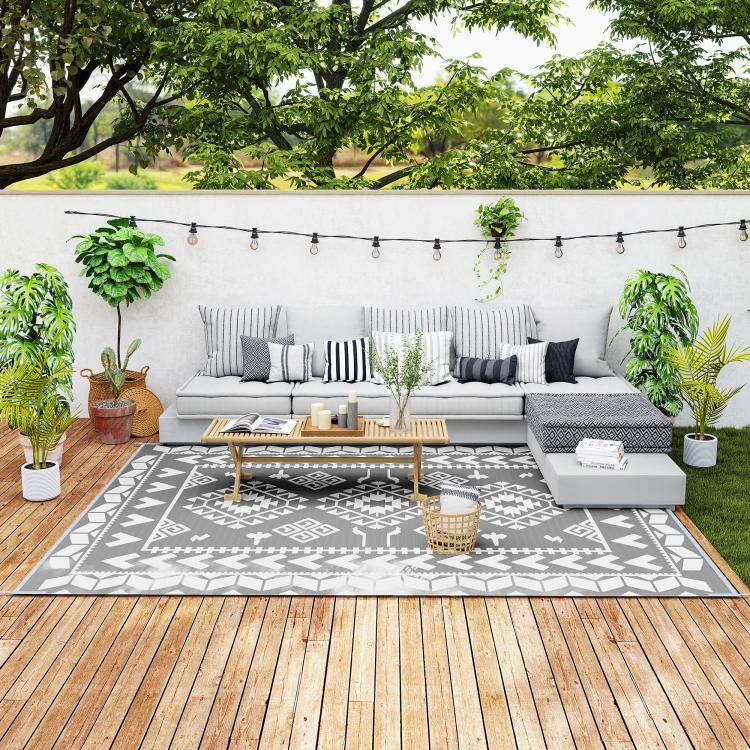 Alt View 1. PULUZ - Reversible Outdoor Rug, Waterproof Plastic Straw with Carry Bag, 9' x 12', Gray & White Rhombus Patchwork - Gray and White.