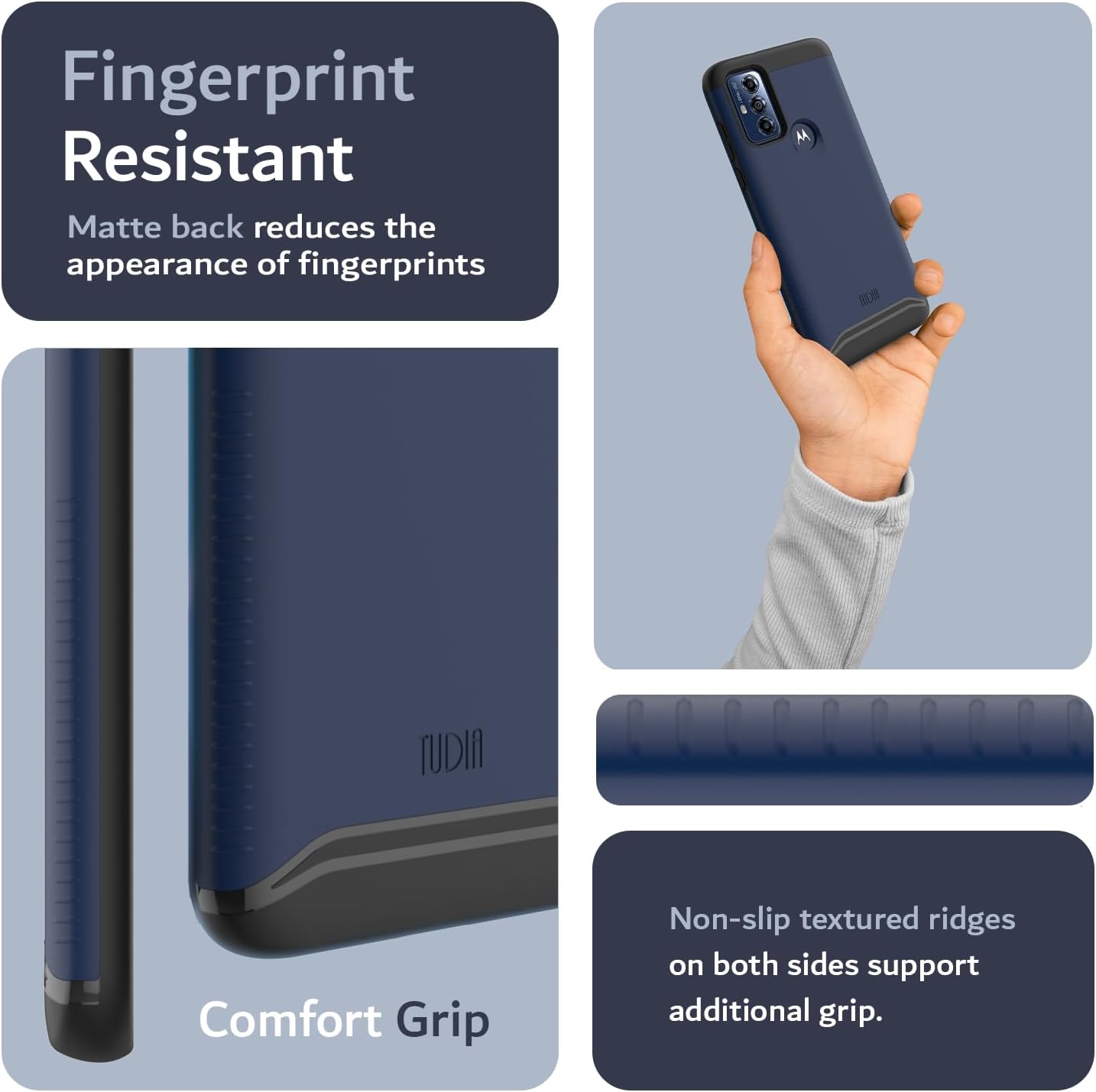 Fingerprint Resistant  
Matte back reduces the appearance of fingerprints  

Comfort Grip  
Non-slip textured ridges on both sides support additional grip.