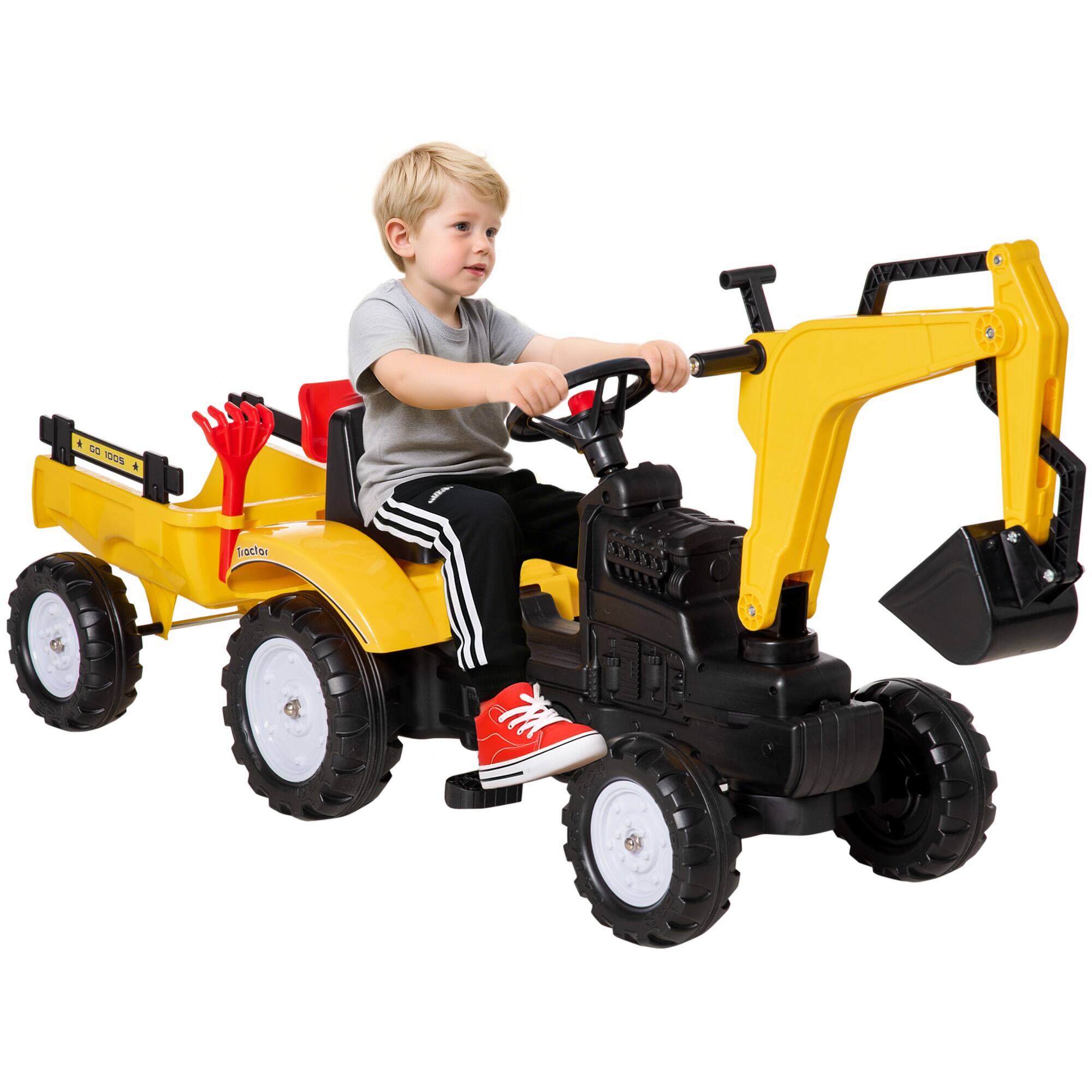 Aosom - Digger Ride-on Truck, Kids Car with Horn, Excavator Toy, Imaginative Construction Car, 6 Wheels, Trailer