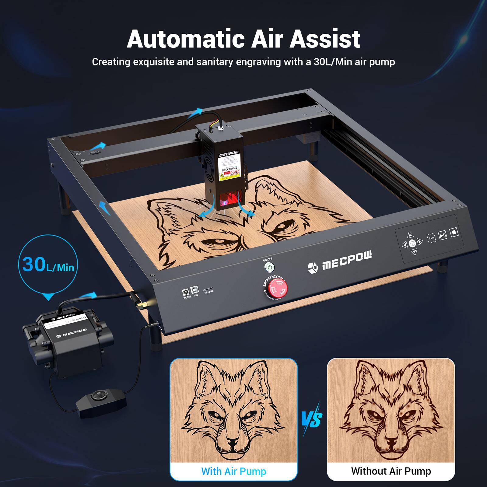 Automatic Air Assist: Creating exquisite and sanitary engraving with a 30L/Min air pump. RECASF - am - 30L/Min - T U CHERGENOS MEPW 14 S - M VS With Air Pump Without Air Pump.