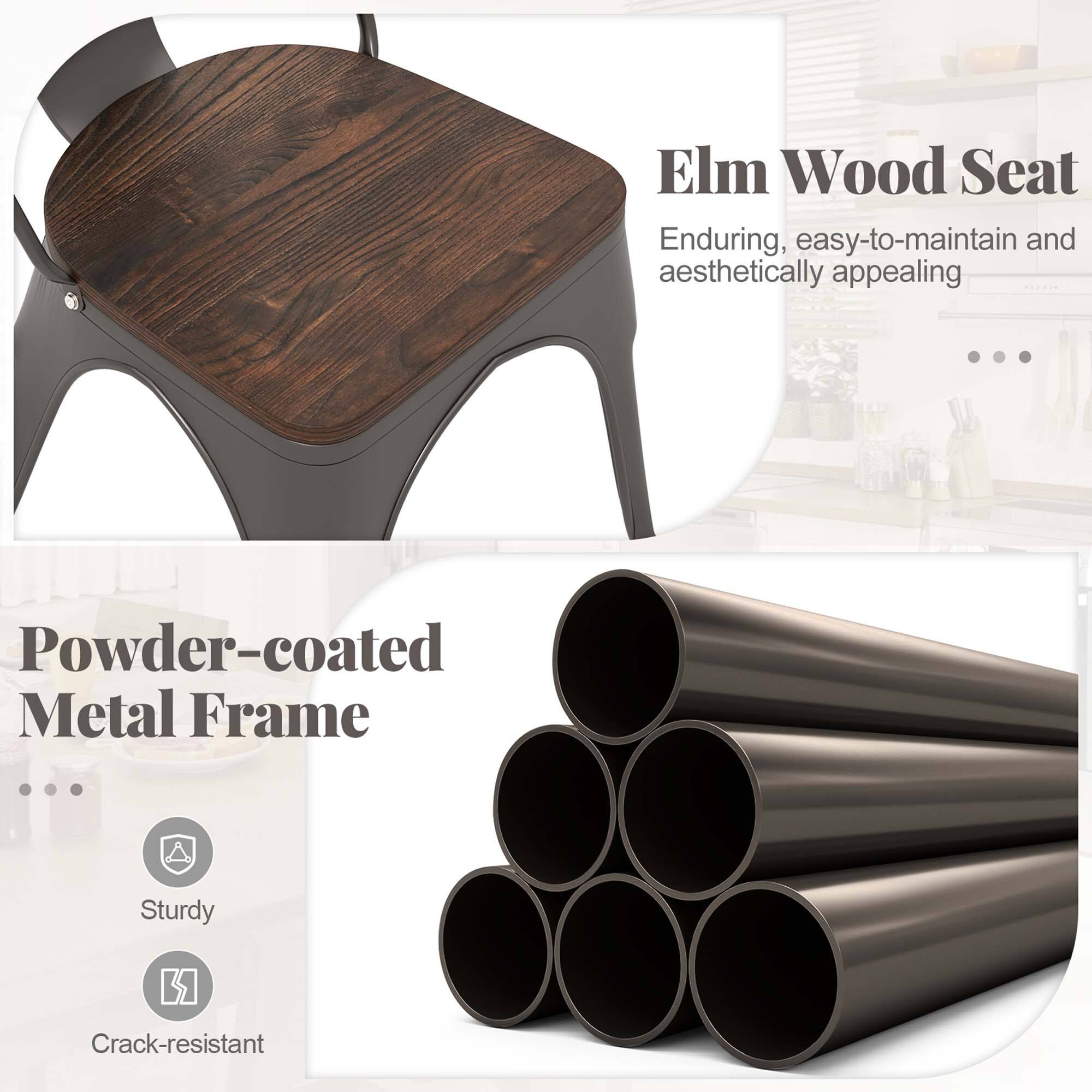Elm Wood Seat  
Enduring, easy-to-maintain and aesthetically appealing  

Powder-coated Metal Frame  
Sturdy  
Crack-resistant