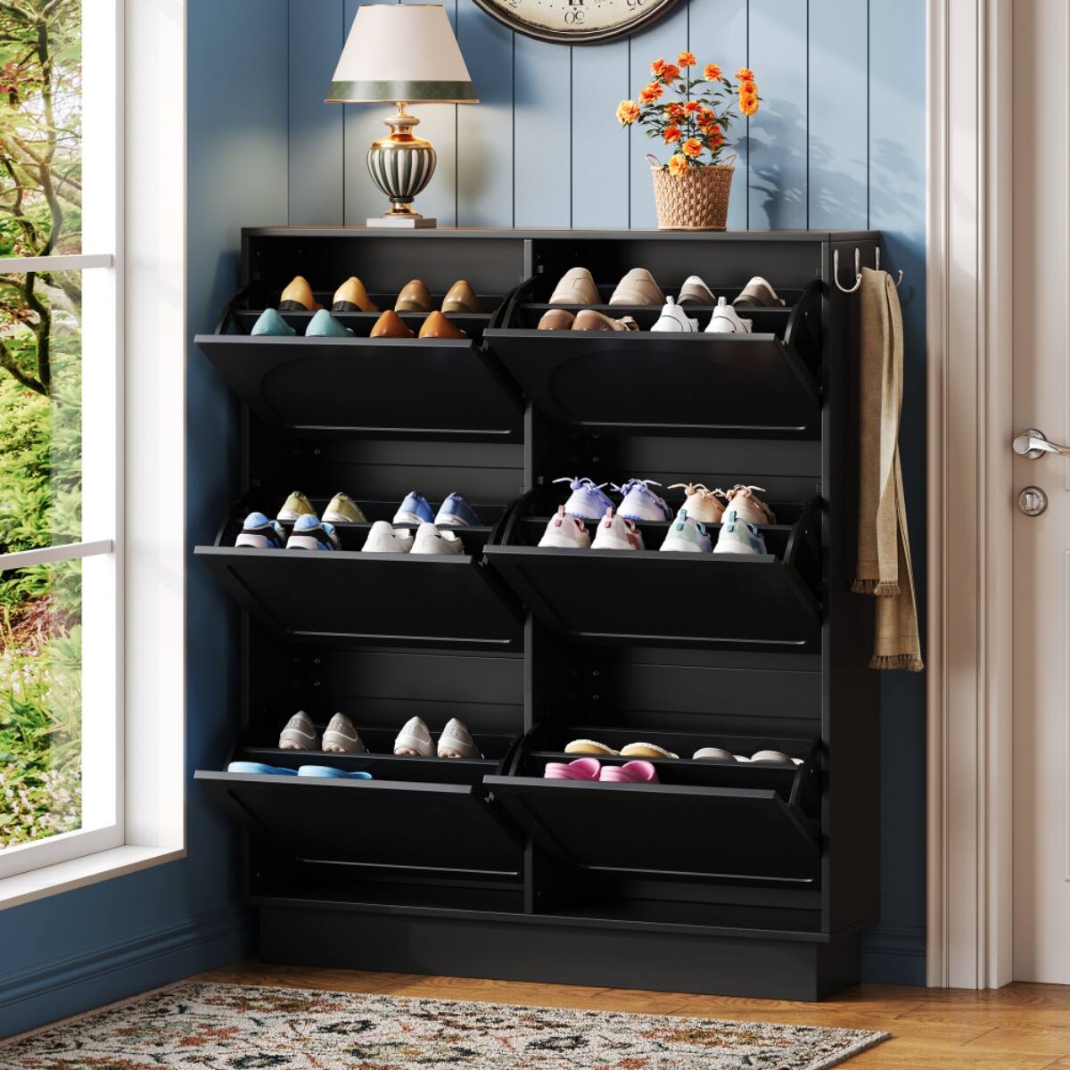Alt View 6. HTUTWOO - Narrow Tipping Bucket Shoe Cabinet with 6 Flip Drawers Adjustable Shelves,3 Hooks & Anti-Tip Design for Home & Apartment - Black.