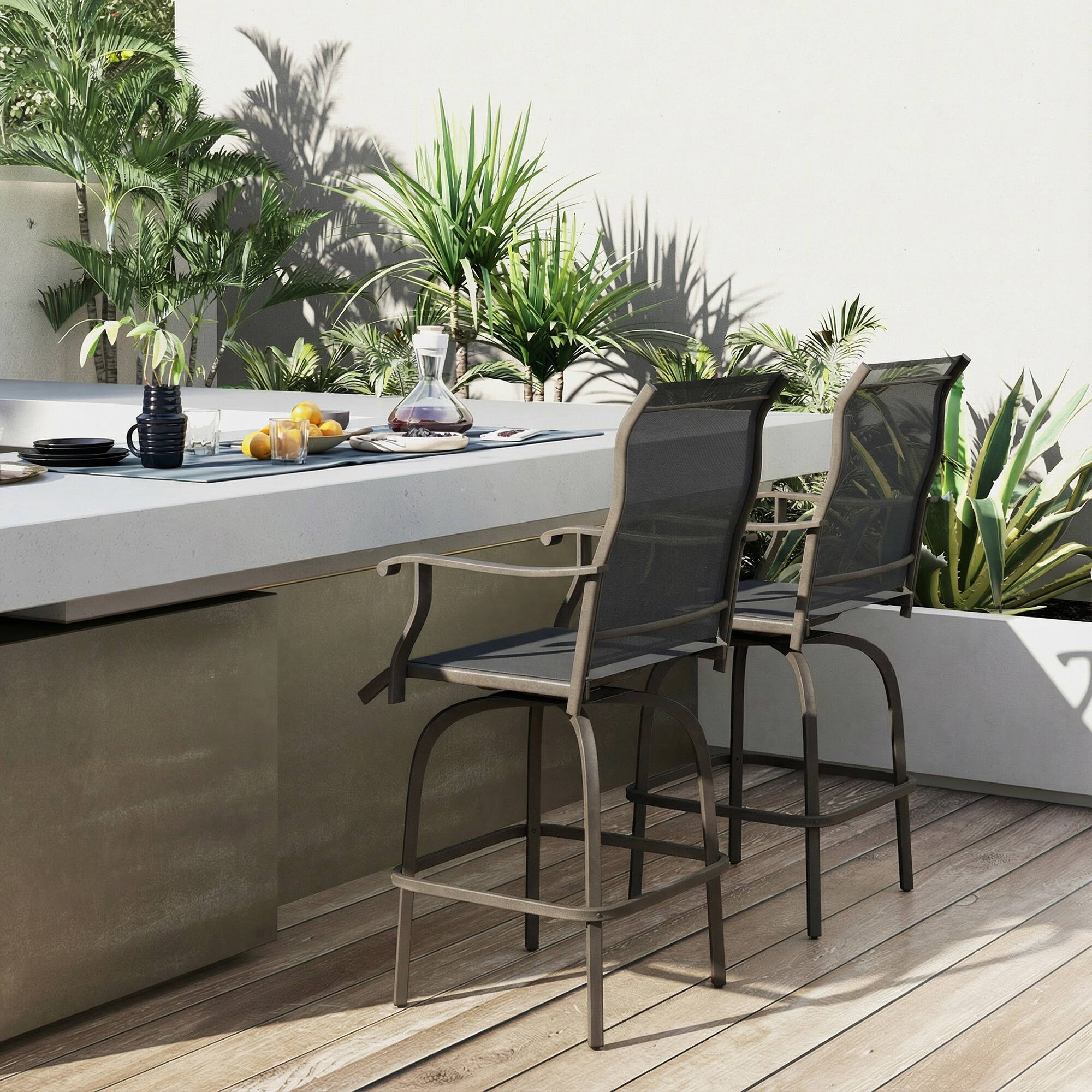 Alt View 7. Outsunny - Set of 2 Outdoor Swivel Bar Stools with Armrests, Bar Height Patio Chairs with Steel Frame for Balcony, Poolside - Black.