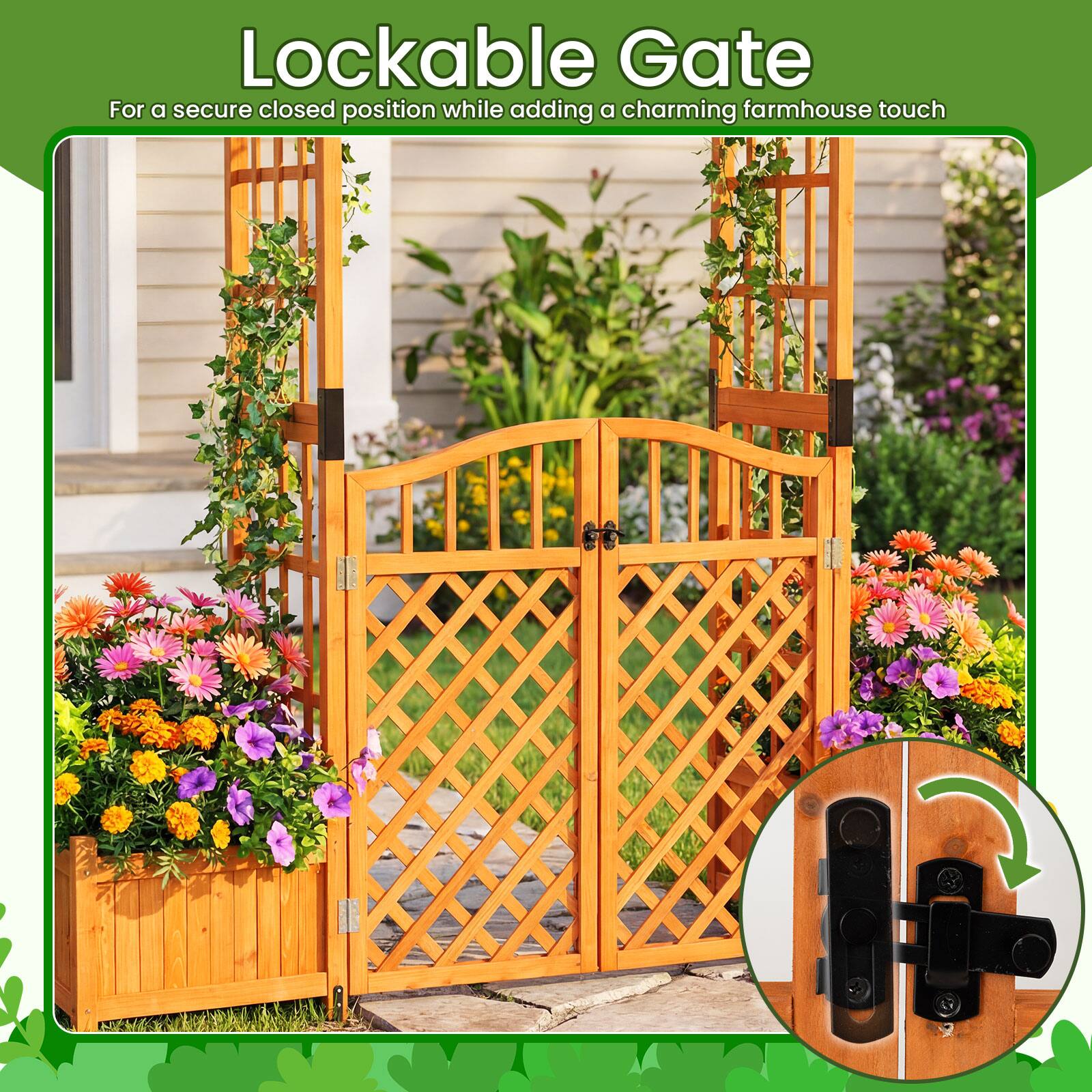 Lockable Gate  
For a secure closed position while adding a charming farmhouse touch