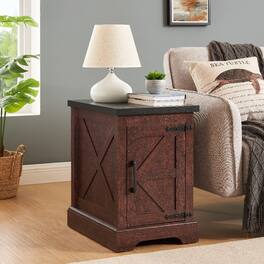 Loheer - Farmhouse End Table Rustic Nightstand Side Table with Barn Door Adjustable Shelf for Living Room Bedroom - Oak