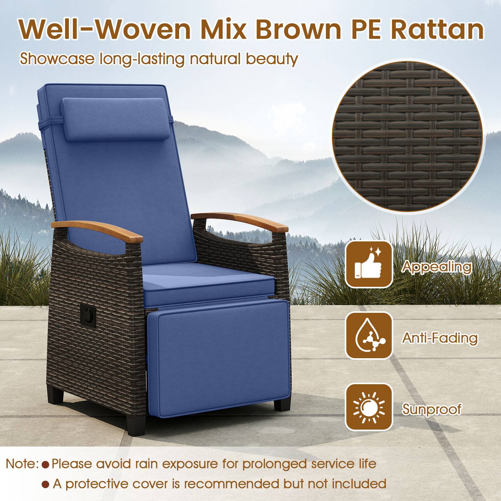 Well-Woven Mix Brown PE Rattan Showcase long-lasting natural beauty
Appealing
Anti-Fading
Sunproof

Note: Please avoid rain exposure for prolonged service life
A protective cover is recommended but not included