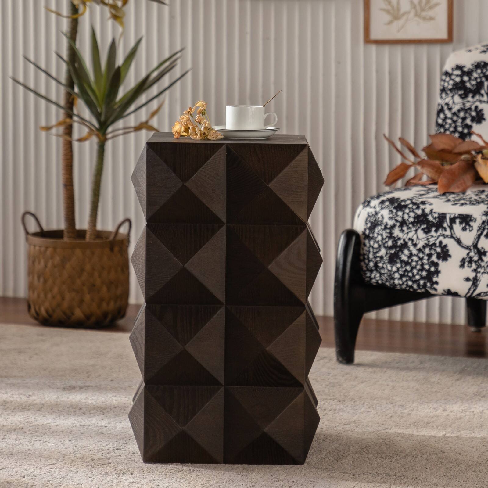Alt View 1. Ecooso - 23.62"Height Three-dimensional Embossed Pattern Design Retro Side Table Retro Wooden Nightstand - Brown.