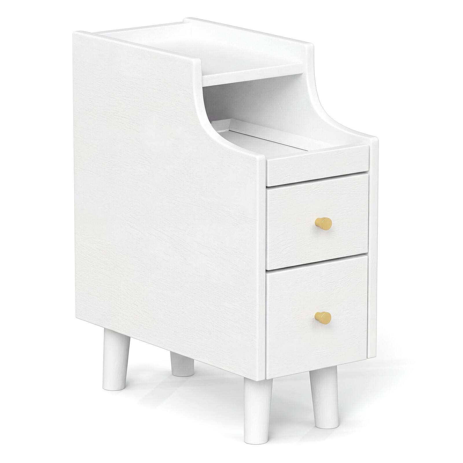 Alt View 9. Gymax - Gymax Narrow Nightstand Solid Wood End Table w/ Pull-out Tray & 2 Storage Drawers Antique White - White.