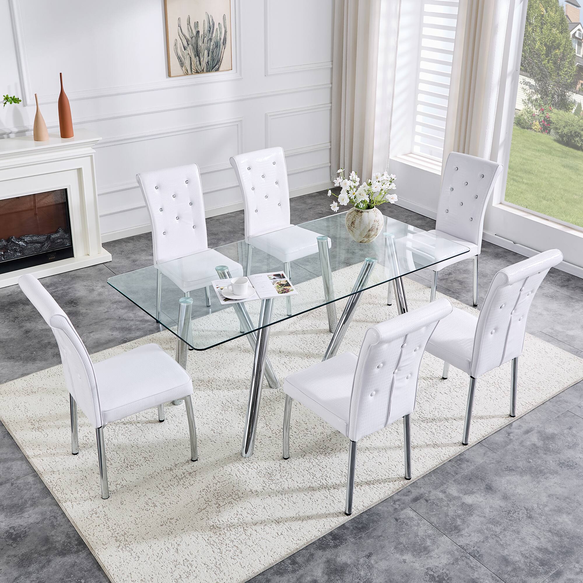 Alt View 6. Loheer - Loheer- 5.9ft Modern Tempered Glass Dining Table Heavy Duty Metal Legs Rectangular Kitchen Furniture - White.