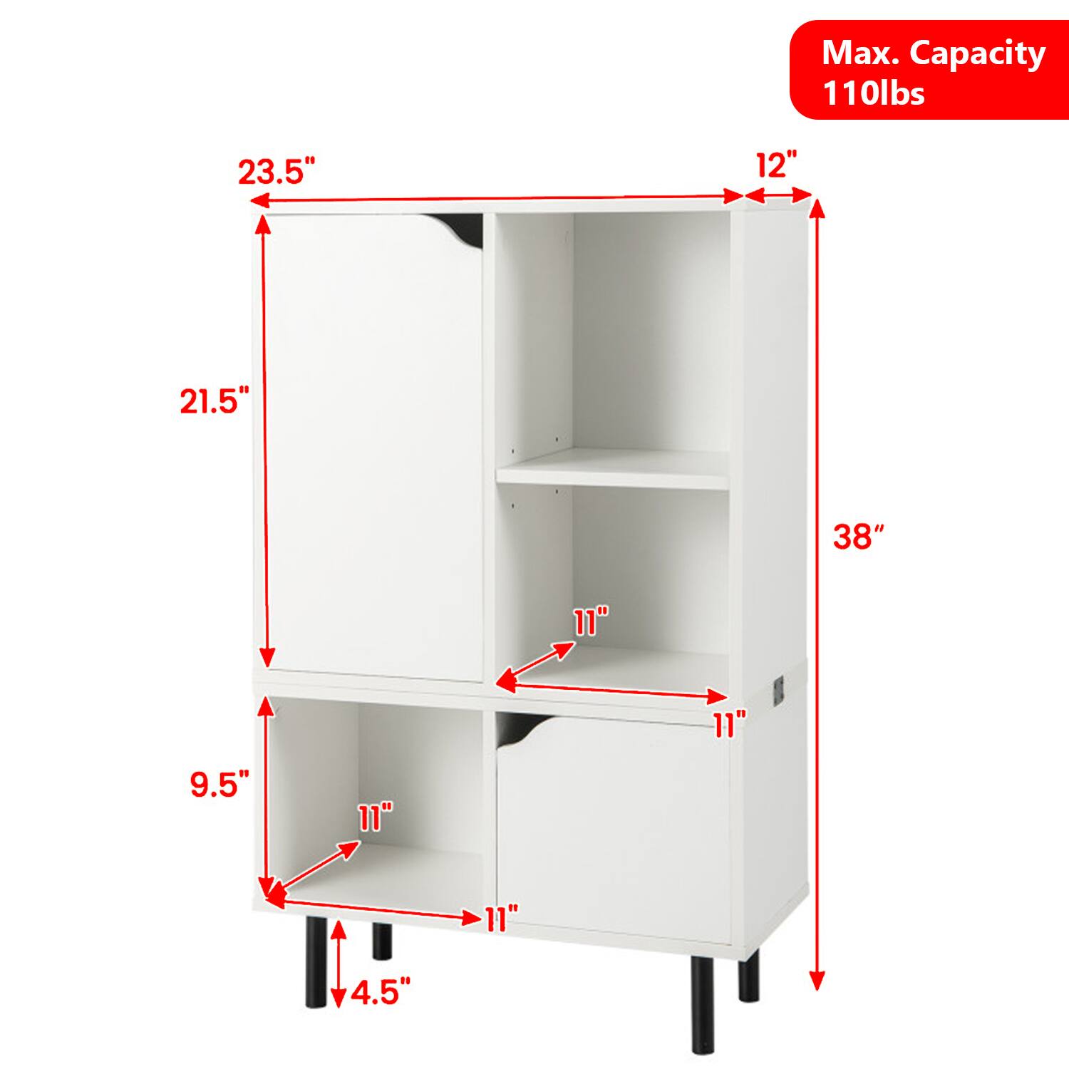 Max. Capacity 110lbs  
23.5"  
12"  
21.5"  
38"  
11"  
11"  
9.5"  
11"  
11"  
4.5"
