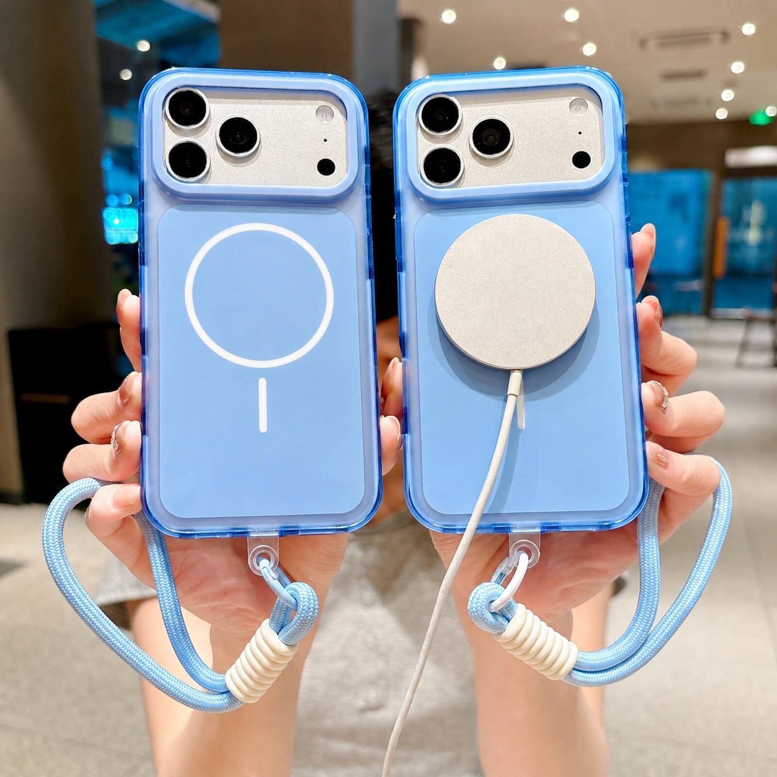 Left. Dteck - For iPhone 18 Pro Max Magnetic Case Compatible With Magsafe Shockproof Rugged PC Cover With Wrist Strap - Blue.