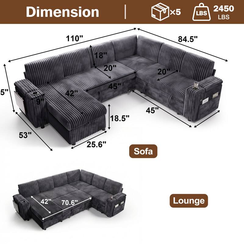 Dimension | x5 2450 LBS  
110" 84.5" 18" 20" 20" 5" 9" 42" 45" 18.5" 45" 53" 25.6"  
Sofa 42" 70.6"  
Lounge