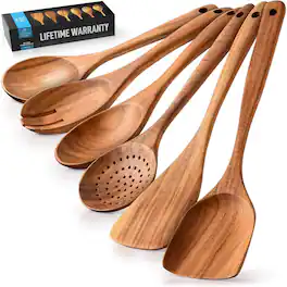 Zulay Kitchen - 6-Piece Wooden Cooking Spoons Set with Comfort Grip - Brown