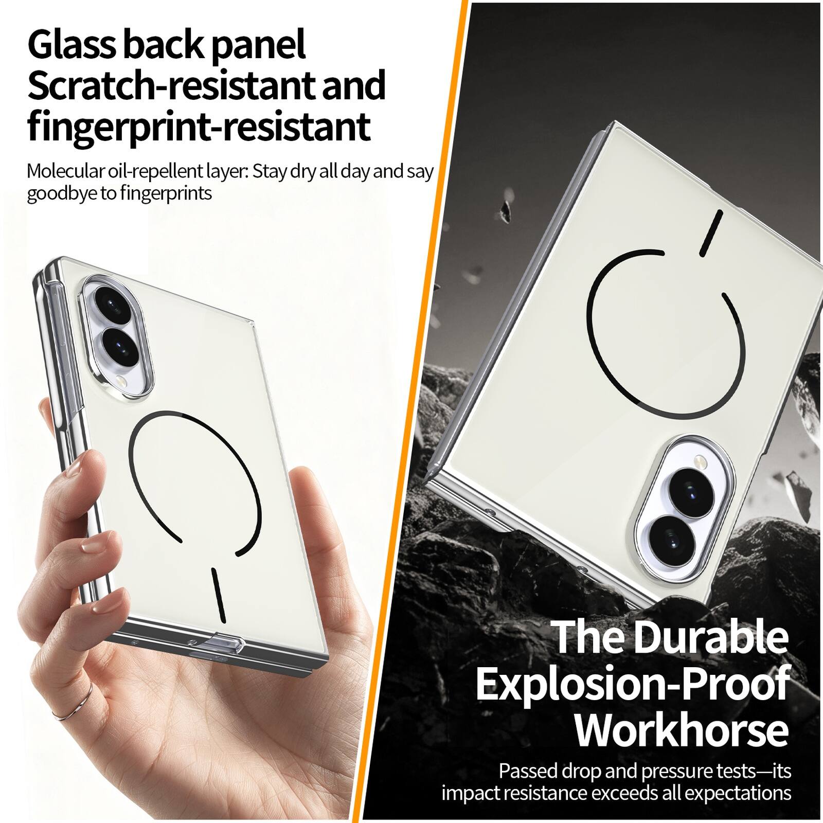 Glass back panel Scratch-resistant and fingerprint-resistant  
Molecular oil-repellent layer: Stay dry all day and say goodbye to fingerprints  

The Durable Explosion-Proof Workhorse  
Passed drop and pressure tests—its impact resistance exceeds all expectations
