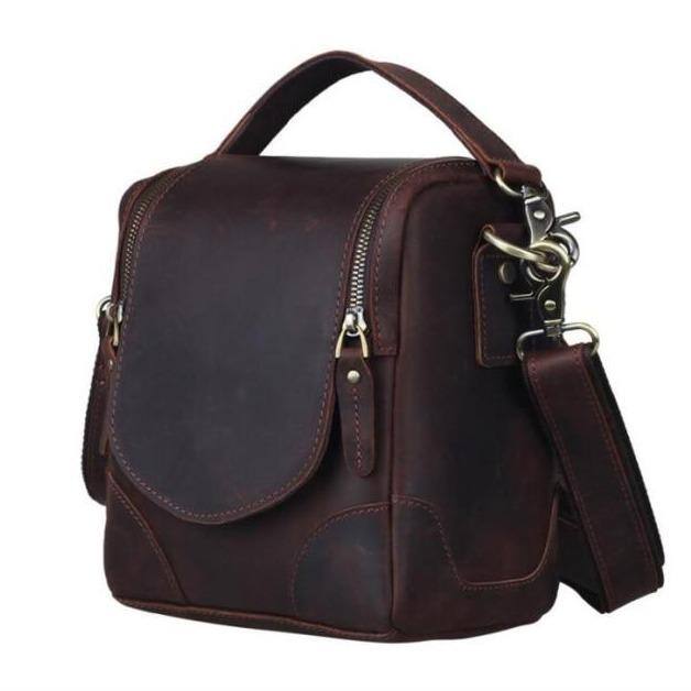 Angle. Steel Horse Leather - The Calista | Small Leather Camera Bag - Dark Brown.