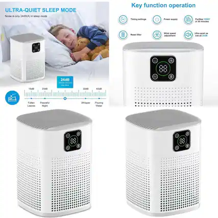 **ULTRA-QUIET SLEEP MODE**
Noise is only 24dB(A) in sleep mode
**Key function operation**
- Timing settings
- Power supply
- Reset filter
- Wind speed adjustment
- Purifies 1099ft³ in 30 minutes
- Ultra quiet as low as 24dB
**Noise Levels**
- 15dB: Fallen Leaves
- 20dB: Peaceful Night
- 24dB: Whisper
- 30dB: Pouring Water
- 40dB