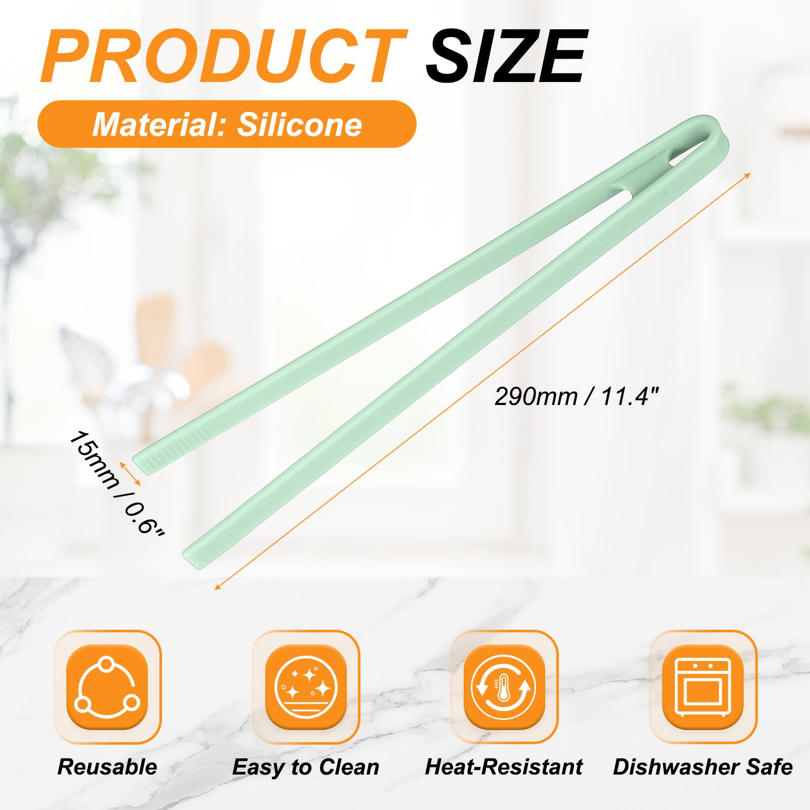 PRODUCT SIZE  
Material: Silicone  
15mm / 0.6"  
290mm / 11.4"  

Reusable  
Easy to Clean  
Heat-Resistant  
Dishwasher Safe