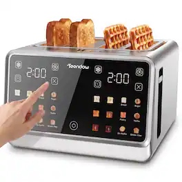 Teendow - Touch Screen Toaster 4 Slice, 1800W Stainless Steel Digital Smart Toaster with Dual Controls,6 Shade Levels - Silver