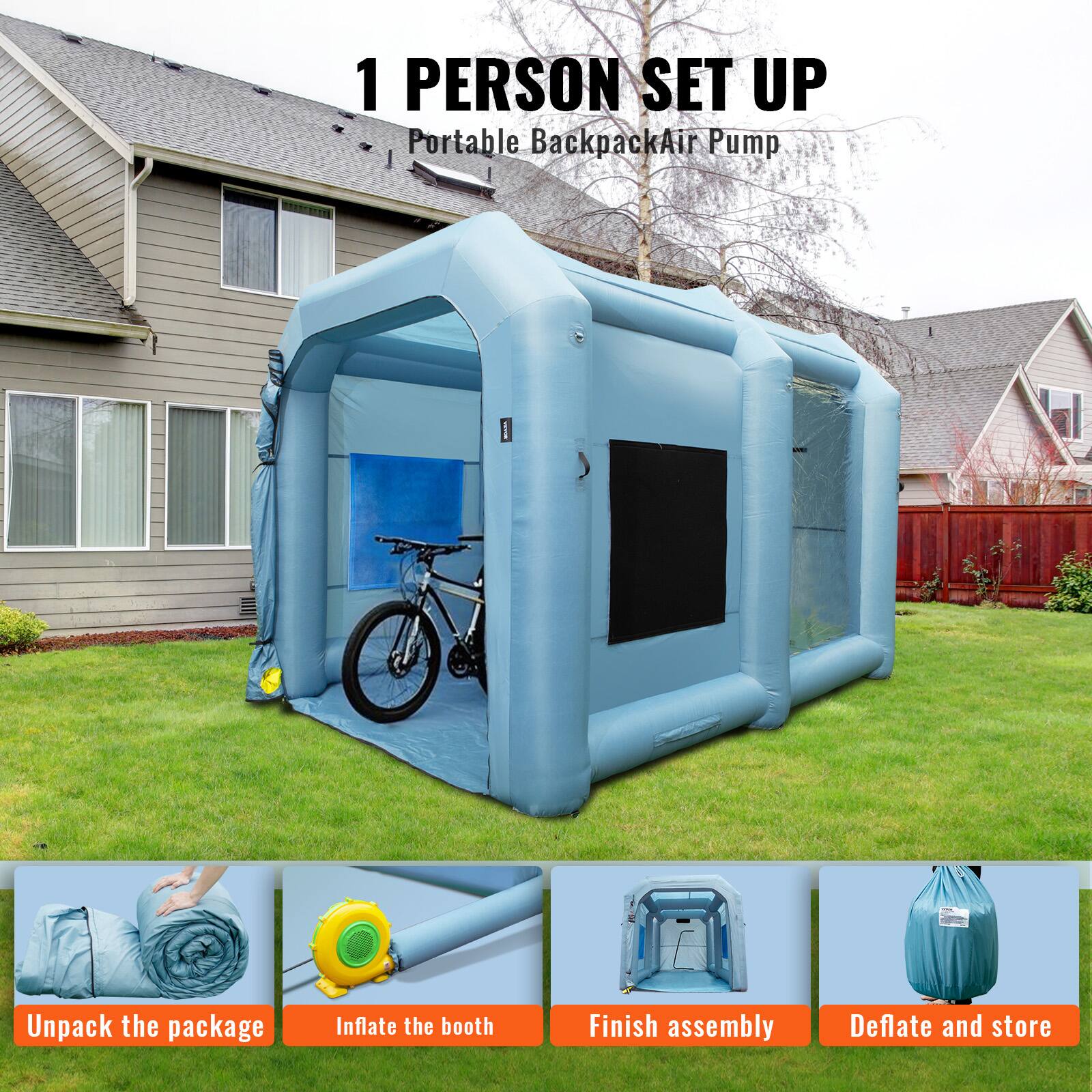 1 PERSON SET UP  
Portable Backpack Air Pump

ON SET UP

Unpack the package  
Inflate the booth  
Finish assembly  
Deflate and store