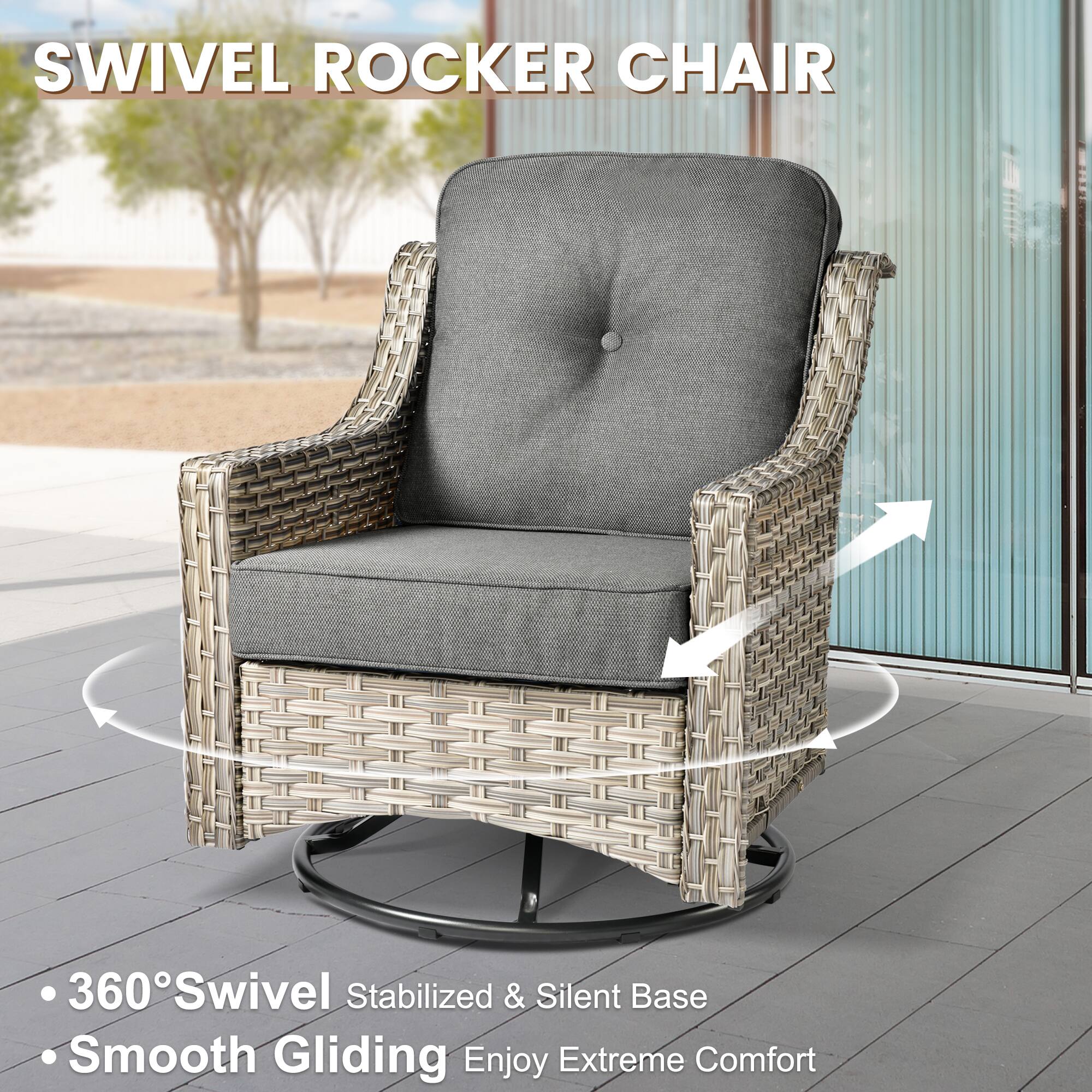 SWIVEL ROCKER CHAIR

- 360° Swivel
- Stabilized & Silent Base
- Smooth Gliding
- Enjoy Extreme Comfort