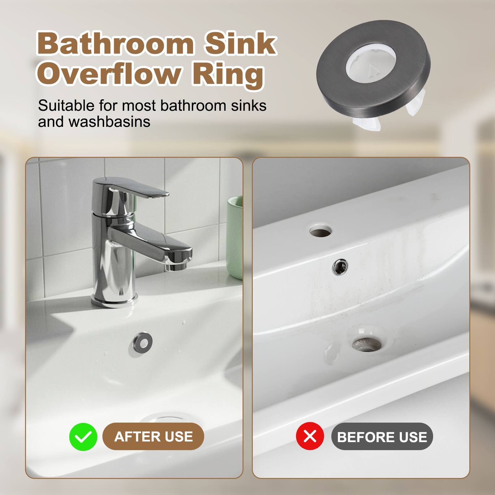 Bathroom Sink Overflow Ring

Suitable for most bathroom sinks and washbasins

AFTER USE

BEFORE USE