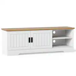 Pefilos - Farmhouse TV Stand, 65" TV Compatible, Sliding Doors & Enclosed Storage Cabinets, TV Cabinet - White