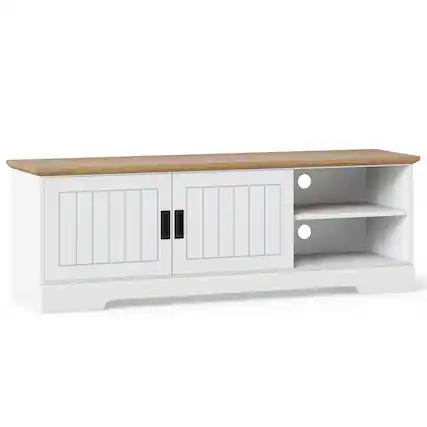 Front. Pefilos - Farmhouse TV Stand, 65" TV Compatible, Sliding Doors & Enclosed Storage Cabinets, White TV Cabinet - White.