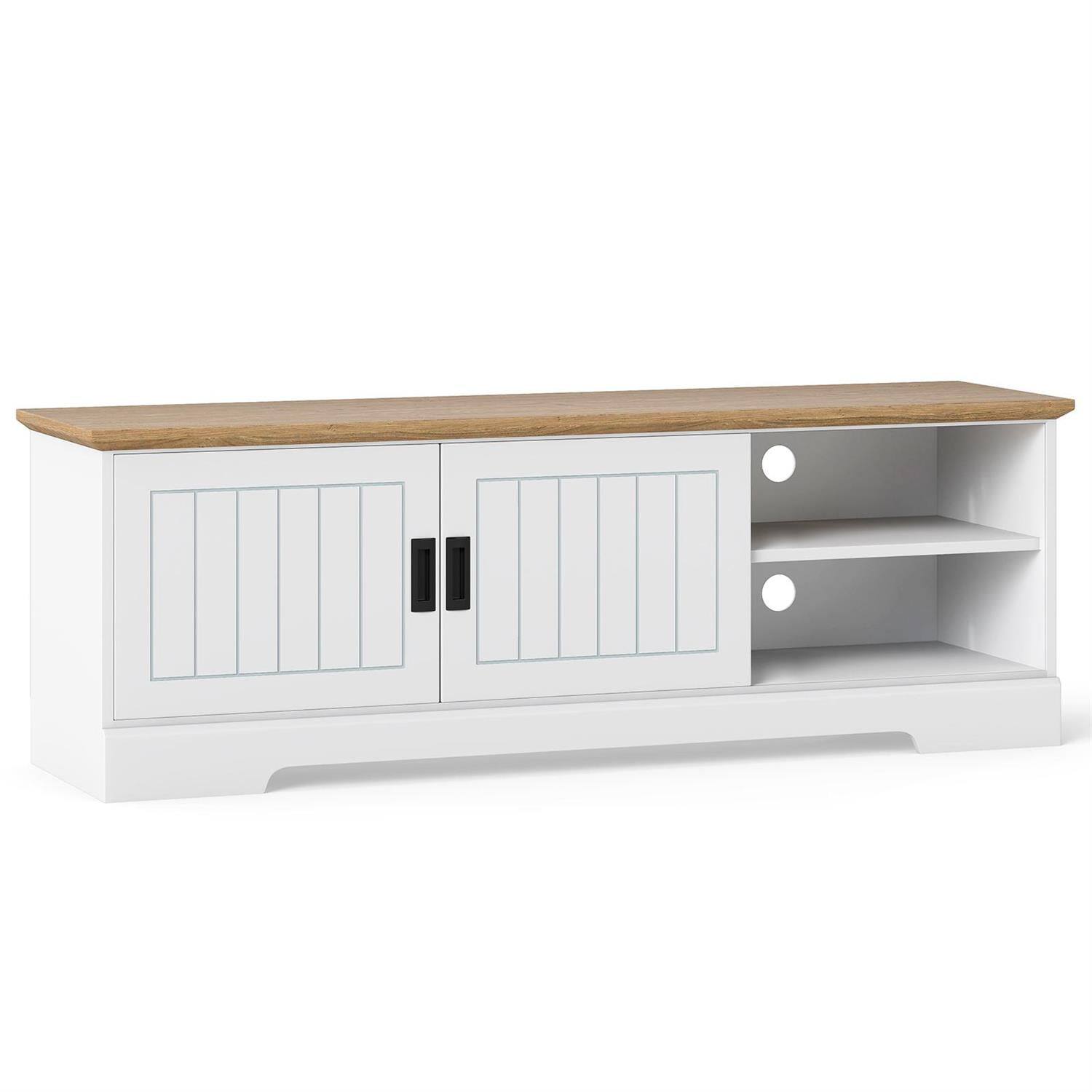 Front. Pefilos - Farmhouse TV Stand, 65" TV Compatible, Sliding Doors & Enclosed Storage Cabinets, White TV Cabinet - White.