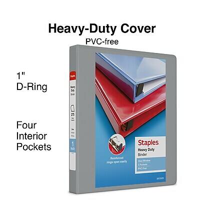 Heavy-Duty Cover  
PVC-free  

1" D-Ring  

Four Interior Pockets  

Staples  
Heavy Duty  
Binder  

Reinforced  
Rings Open Easily  
1"  
3" Rings  
1"  
3" Rings  

275  
Pages